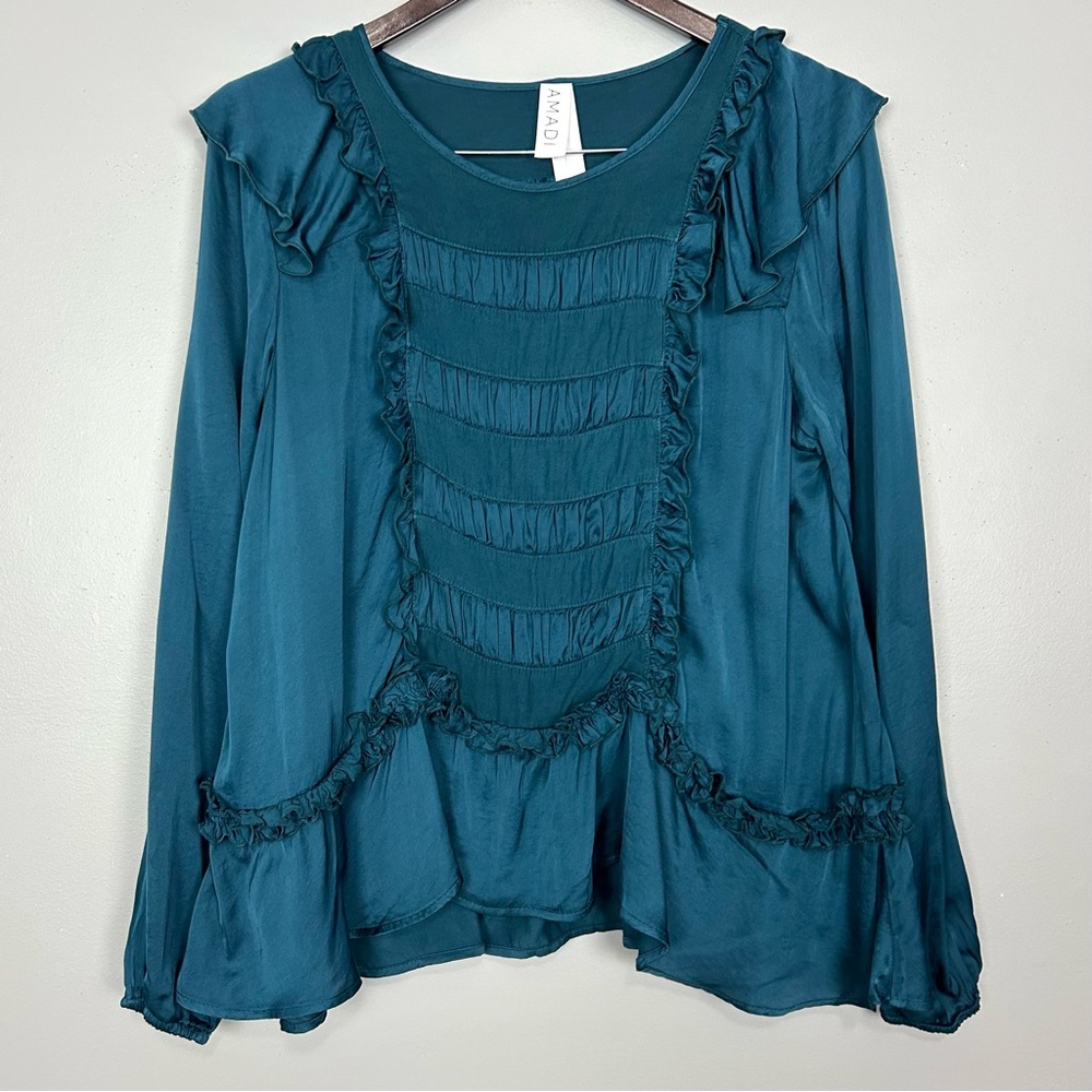 Anthropologie Amadi Haut Top Women’s Size S Ruffle Satin Long Sleeve Renaissance